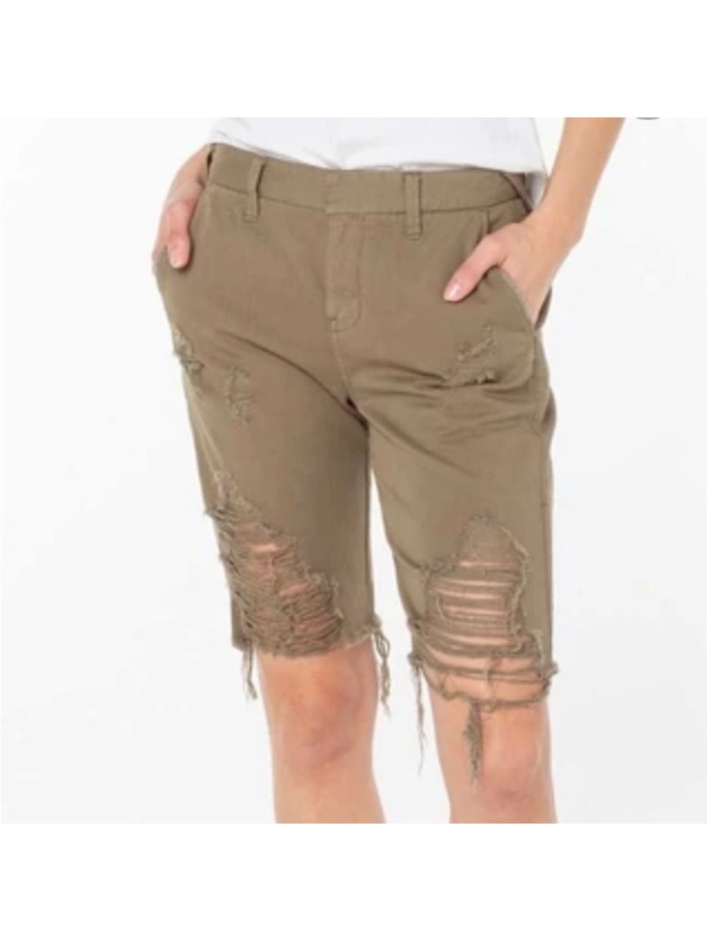 Women's Distressed Olive Bermuda Shorts with Knee Rips